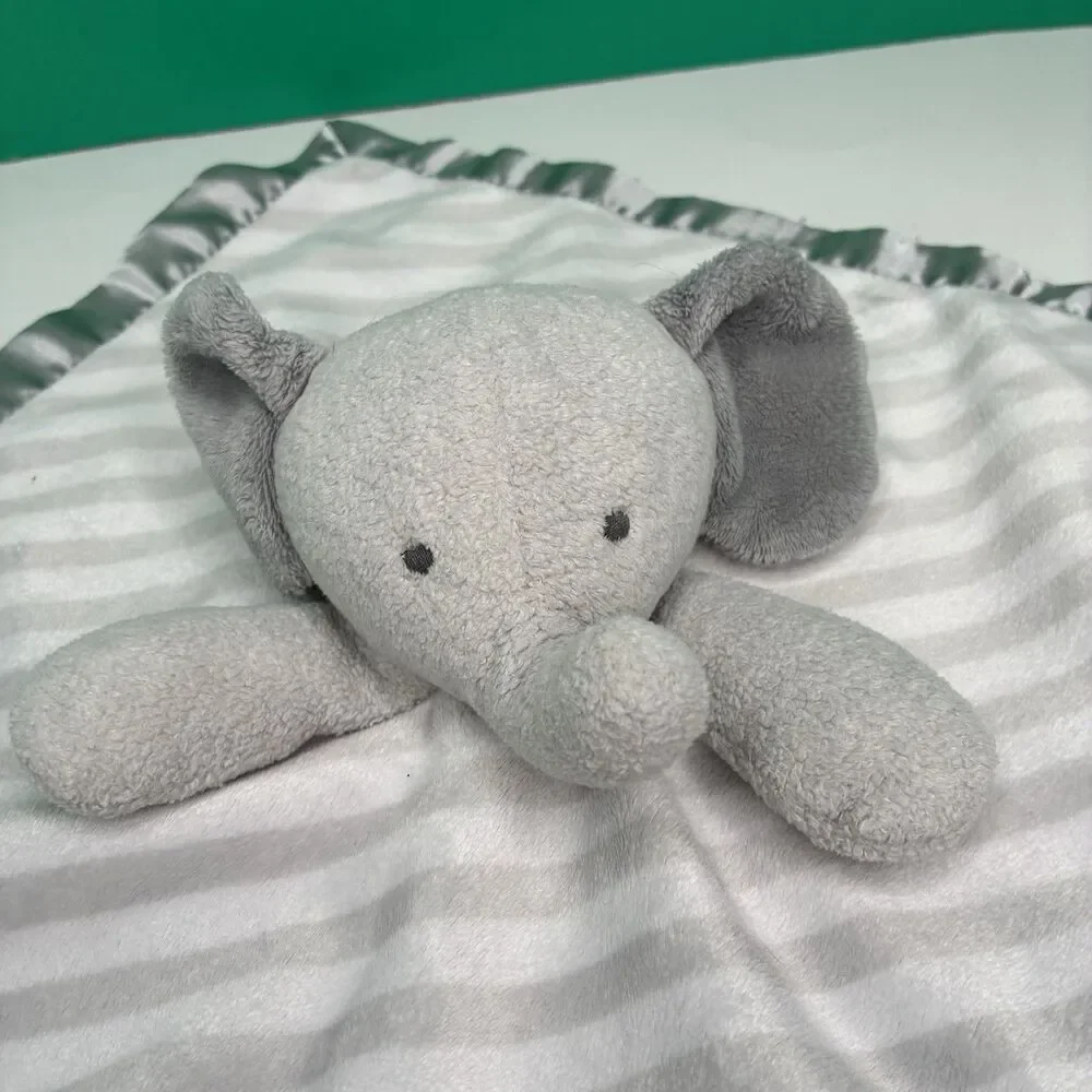 Cloud Island Baby Elephant Lovey Security Blanket Grey White Stripes Satin Back